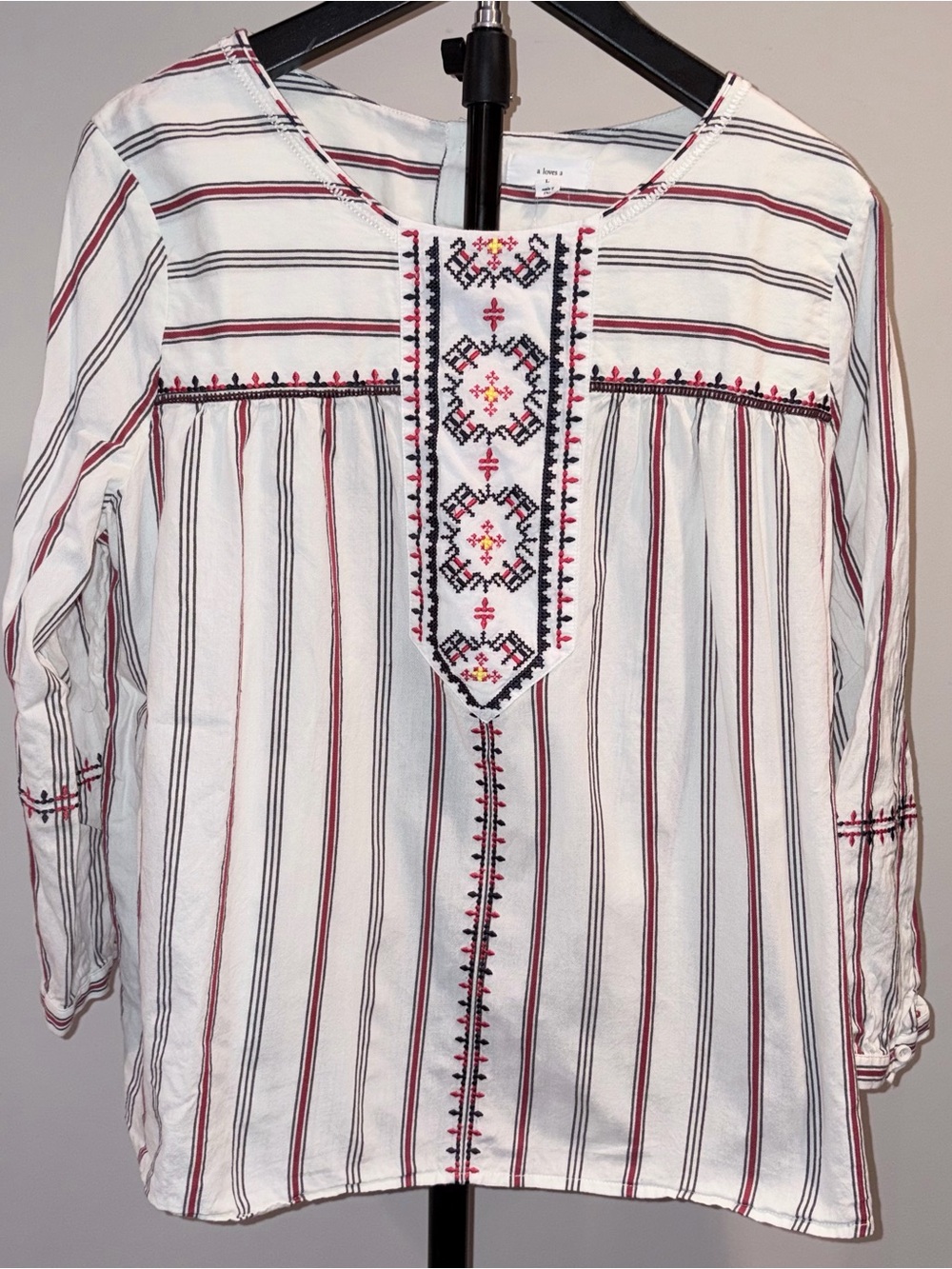 A Loves A embroidered striped peasant blouse button back sz L EUC